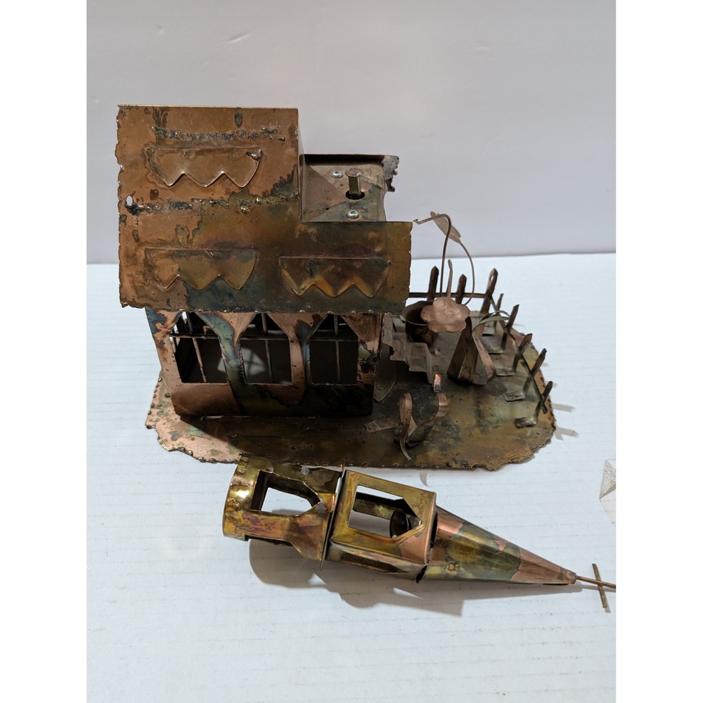 Vintage Copper Brass Brutalist House Music Box Amazing Grace Metal Art Sculpture